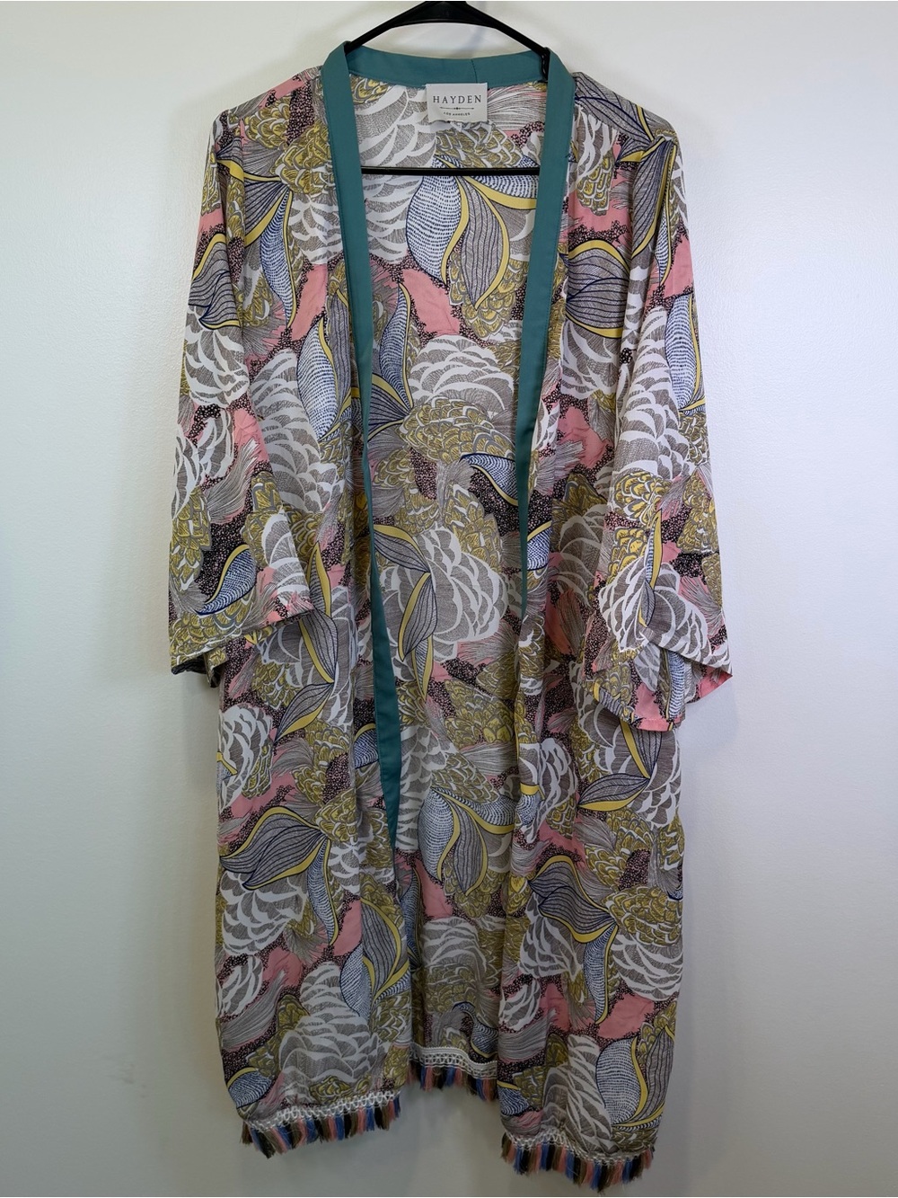 Hayden LA Colorful Boho Fringe Kimono Cover-Up Women's Med Pink Floral Coverup